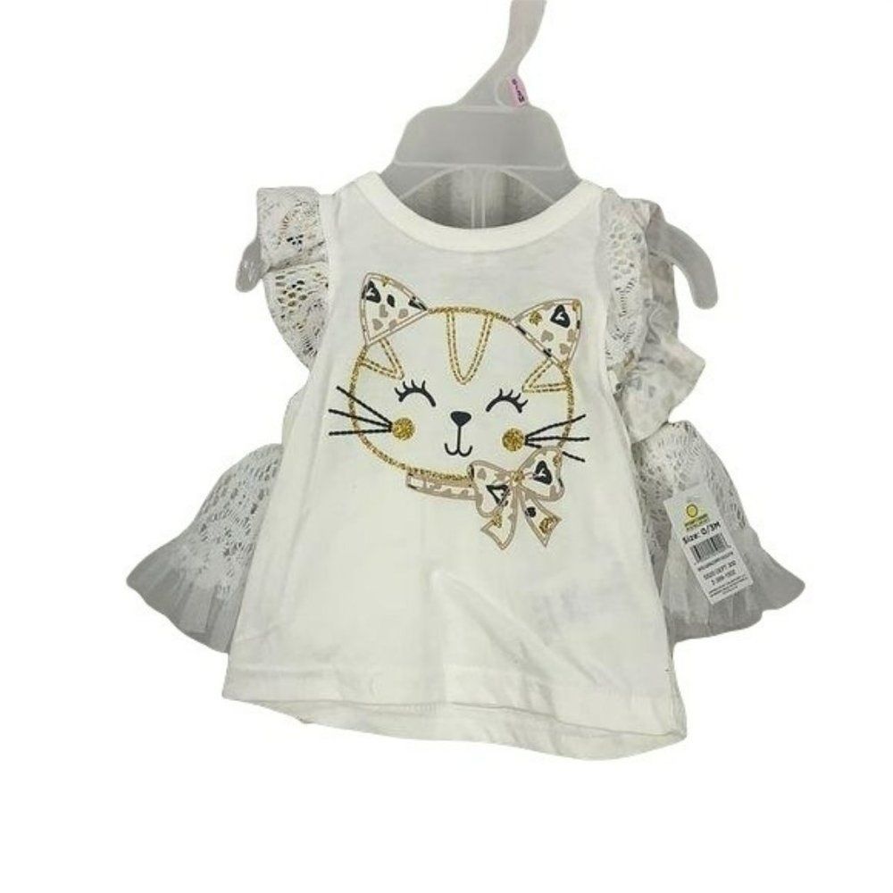 DDG Darling 0-3 Months Cat Ruffled white animal‎ print Two Piece Set